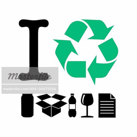 I recycle, green recycle sign and differents material icons