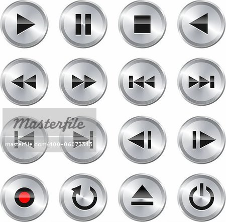 Metallic glossy multimedia control button/icon set. Vector illustration
