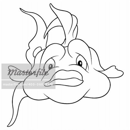 Tropical  Fish - Black and White Cartoon Illustration, Vector