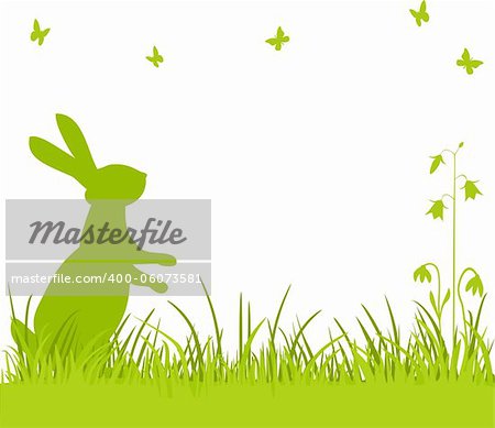 Easter background, bunny or rabbit sitting in the meadow with flowers and butterflies, vector illustration