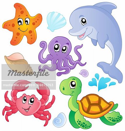 Sea fishes and animals collection 3 - vector illustration.
