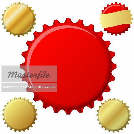 Bottle cap set in red and gold. Also available as a Vector in Adobe illustrator EPS format, compressed in a zip file. The vector version be scaled to any size without loss of quality.