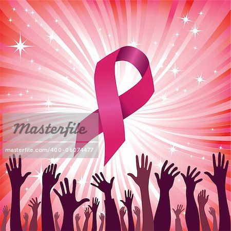 Breast cancer ribbon star background with group of raised hand. Vector illustration. Woman people solidarity.