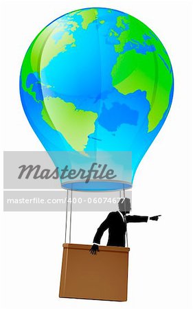 Conceptual illustration of a business man in a business suit in a hot air balloon with a world globe on it pointing forward and going ahead.