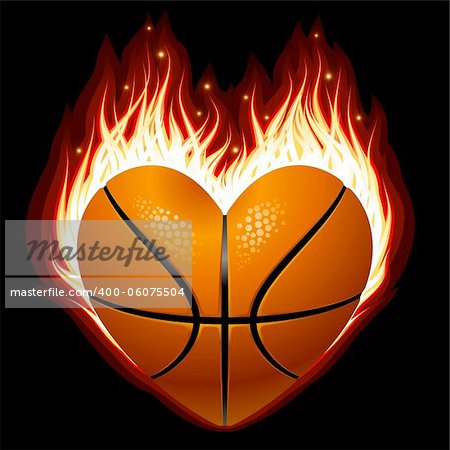 Vector basketball on fire in the shape of heart