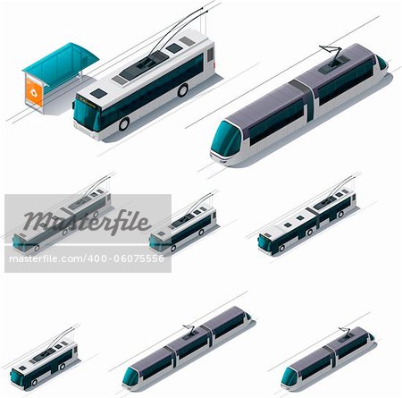 Set of detailed isometric trolleybuses and tramways