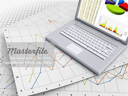 3d illustration of business graphs and laptop