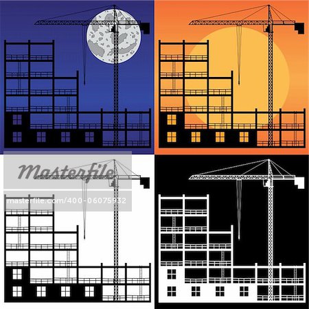 Set of images of lifting crane and building under construction. Also available as a Vector in Adobe illustrator EPS 8 format, compressed in a zip file.