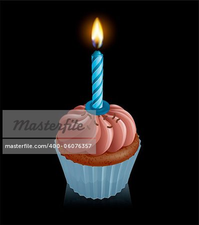 Illustration of chocolate fairy cake cupcake with blue birthday candle