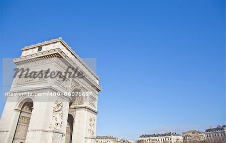 The Arc de Triomphe (Arc de Triomphe de l'Ã?toile) is one of the most famous monuments in Paris. It stands in the centre of the Place Charles de Gaulle, at the western end of the Champs-Ã?lysÃ©es