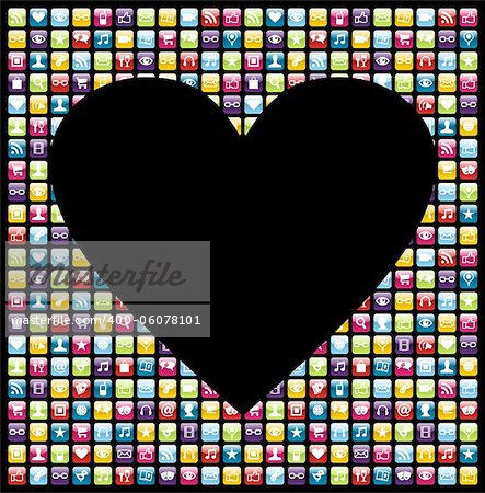 Love heart shape over iphone application software icon set background. Vector file layered for easy manipulation and customisation.