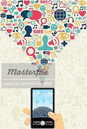 Hand holding a cell phone under social media icons on light background  Vector file available.