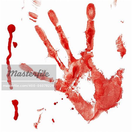 Bloody handprint with drop isolated on a white background