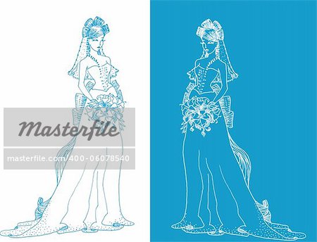 Ornate Bride  Silhouette hand drawing with bow and lilies
