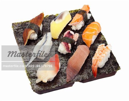 9 pieces of sushi/sashimi on a piece of seaweed.