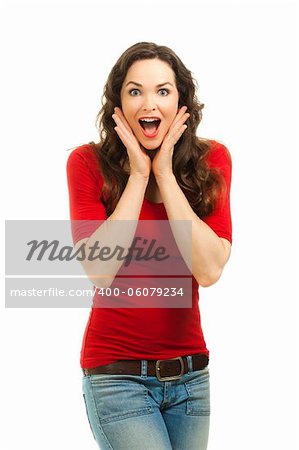 Isolated potrait of a beautiful surprised woman wearing a bright red top.