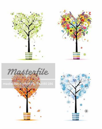 Four seasons - spring, summer, autumn, winter. Art trees in pots for your design