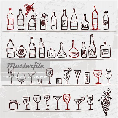 Set of alcohol's bottles and wineglasses on grunge background