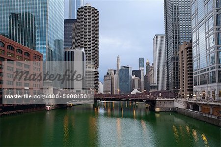 Image of Chicago downtown riverfront at sunrise.