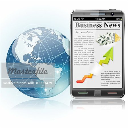 Global Bysiness Concept. Business News on Smart Phone with Earth and communication lines, vector