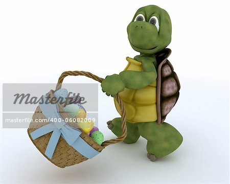 3D render of a tortoise with basket of easter eggs