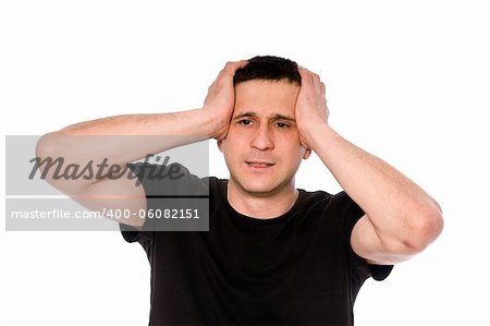 frustrated man put his hands on his head isolated on white background