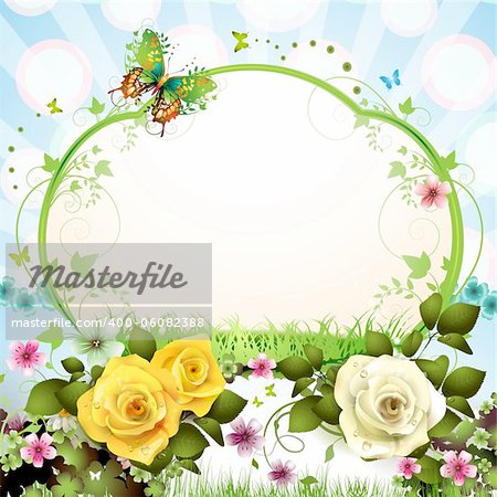 Springtime background with butterflies and roses