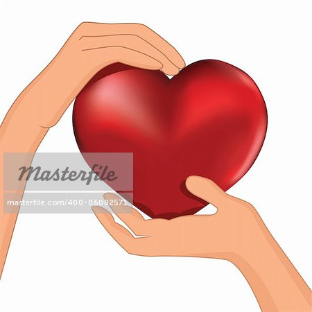 Person hold red heart in hand vector. Protection illustration, cardiology, health.