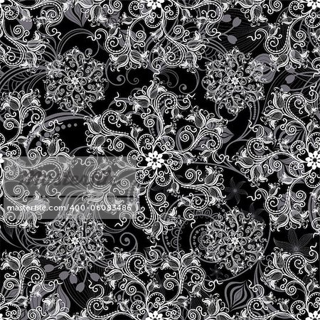 Black seamless background with round white floral pattern (vector)