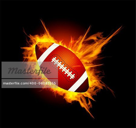 Realistic American football in the fire on black