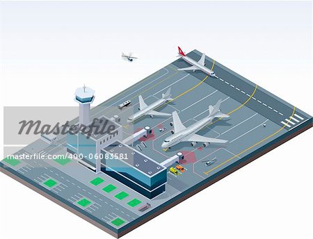 Detailed isometric airport – buildings, airplanes, helicopters and other machinery