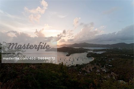 Looking down on English Harbour at sunset from Shirley Heights in Antigua