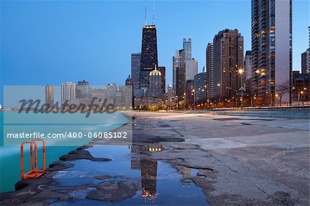 Image of the Chicago downtown lakefront at twilight blue hour.