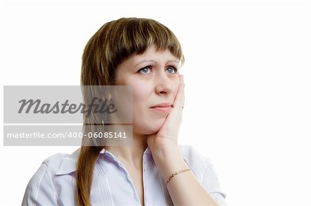 young woman with a toothache on a white background