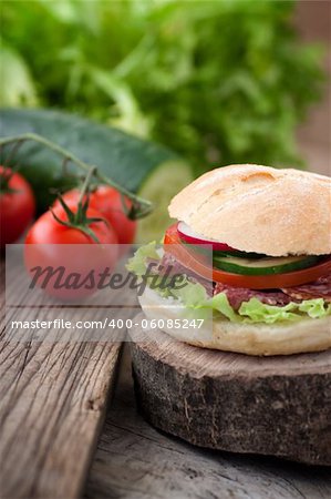 Delicious ham, cheese and salami sandwich with vegetables, lettuce, cherry tomatoes in natural setting with wooden background