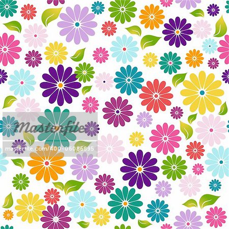 Seamless floral colorful pattern with flowers and green-yellow leaves (vector)