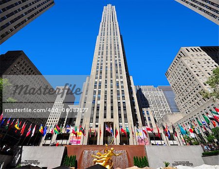 NEW  YORK - SEPTEMBER 5: Rockefeller Center Tower on September 5, 2010 in NYC. Rockefeller Center is a complex of 19 commercial buildings, built by the Rockefeller family, located in the center of Midtown Manhattan.