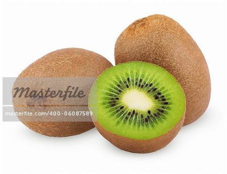 Ripe kiwi fruits with half isolated on white background