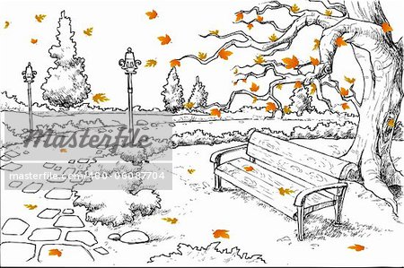 illustration of sketch of autumn background with maple tree shedding leaves