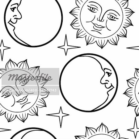 Seamless wallpaper the Moon and Sun with faces  vector background