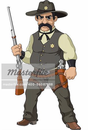 Wild west.  Cartoon sheriff with shotgun