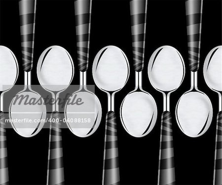 empty spoons with plastic hand isolated on black background