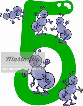 cartoon illustration with number five and ants