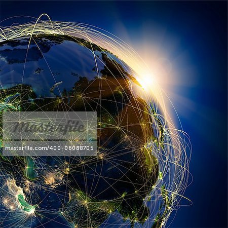Highly detailed planet Earth at night, lit by the rising sun, with embossed continents, illuminated by light of cities, translucent and reflective ocean. Earth is surrounded by a luminous network, representing the major air routes based on real data