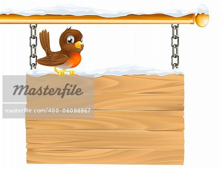 Illustration of a cute Robin red breast sitting on winter sign covered in snow