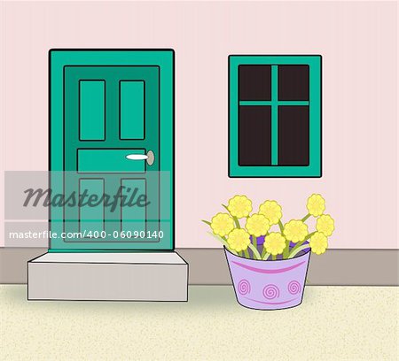 A green painted door and a window with green window frames and a large flower pot with yellow flowers.