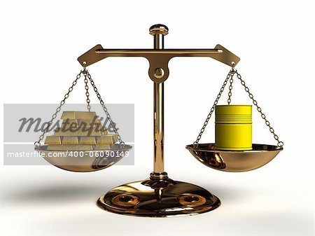 The cost of Pollution; On a golden balance, are compared in a yellow oil drum and a lot of gold bullion, computer-generated conceptual image.