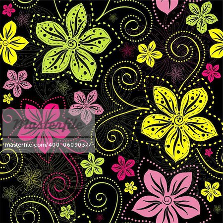 Seamless floral dark pattern with vivid colorful vintage flowers curls (vector)