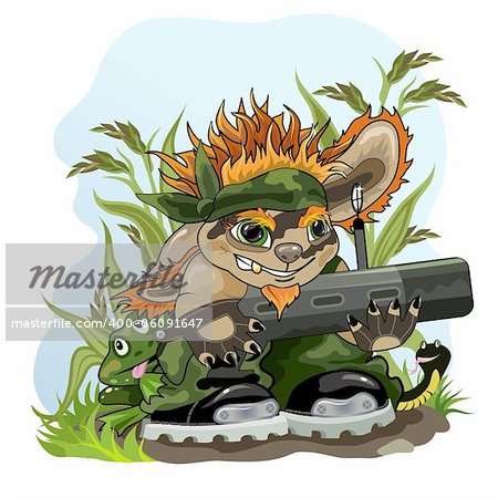 Picture of funny creature with bazooka and animals protecting nature.