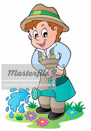 Cartoon gardener with watering can - vector illustration.